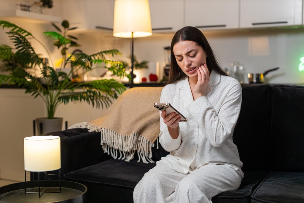 A woman with a toothache at night which is a dental emergency